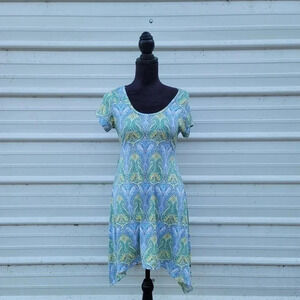 French Atmosphere Blue Green Paisley Casual Fitted Assymetric Dress Petite PS S